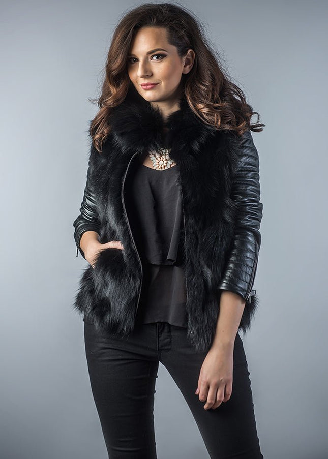 Black Genuine Arctic Fox Fur Lamb Nappa Leather Jacket - Fur Jackets - Buy Me Fur Ltd