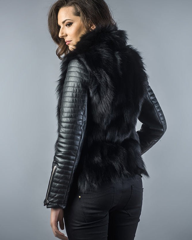 Black Genuine Arctic Fox Fur Lamb Nappa Leather Jacket - Fur Jackets - Buy Me Fur Ltd
