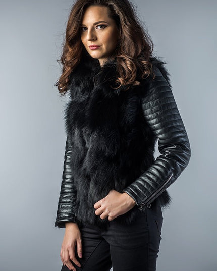 Black Genuine Arctic Fox Fur Lamb Nappa Leather Jacket - Fur Jackets - Buy Me Fur Ltd