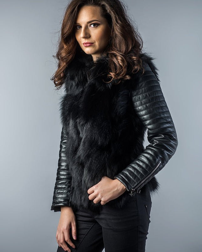 Black Genuine Arctic Fox Fur Lamb Nappa Leather Jacket - Fur Jackets - Buy Me Fur Ltd