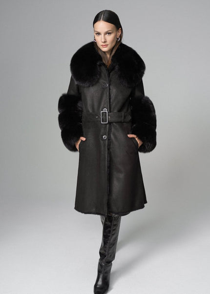 Black Genuine Maxi Lambskin Overcoat with Arctic Black Fox Fur Collar and Cuffs - Leather Coats - Buy Me Fur Ltd