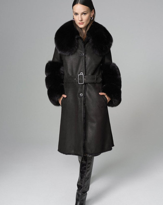 Black Genuine Maxi Lambskin Overcoat with Arctic Black Fox Fur Collar and Cuffs - Leather Coats - Buy Me Fur Ltd