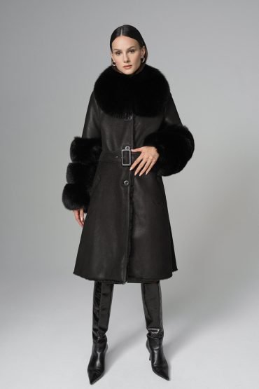 Black Genuine Maxi Lambskin Overcoat with Arctic Black Fox Fur Collar and Cuffs - Leather Coats - Buy Me Fur Ltd