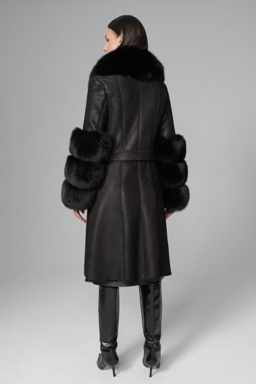 Black Genuine Maxi Lambskin Overcoat with Arctic Black Fox Fur Collar and Cuffs - Leather Coats - Buy Me Fur Ltd