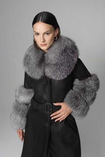 Black Genuine Maxi Lambskin Overcoat with Arctic Silver Fox Fur Collar and Cuffs - Leather Coats - Buy Me Fur Ltd