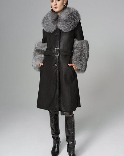 Black Genuine Maxi Lambskin Overcoat with Arctic Silver Fox Fur Collar and Cuffs - Leather Coats - Buy Me Fur Ltd