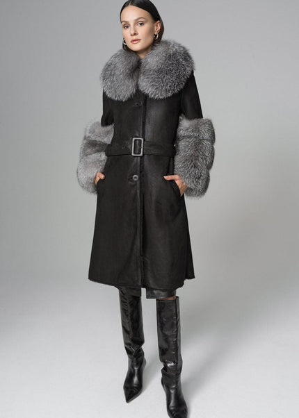 Black Genuine Maxi Lambskin Overcoat with Arctic Silver Fox Fur Collar and Cuffs - Leather Coats - Buy Me Fur Ltd