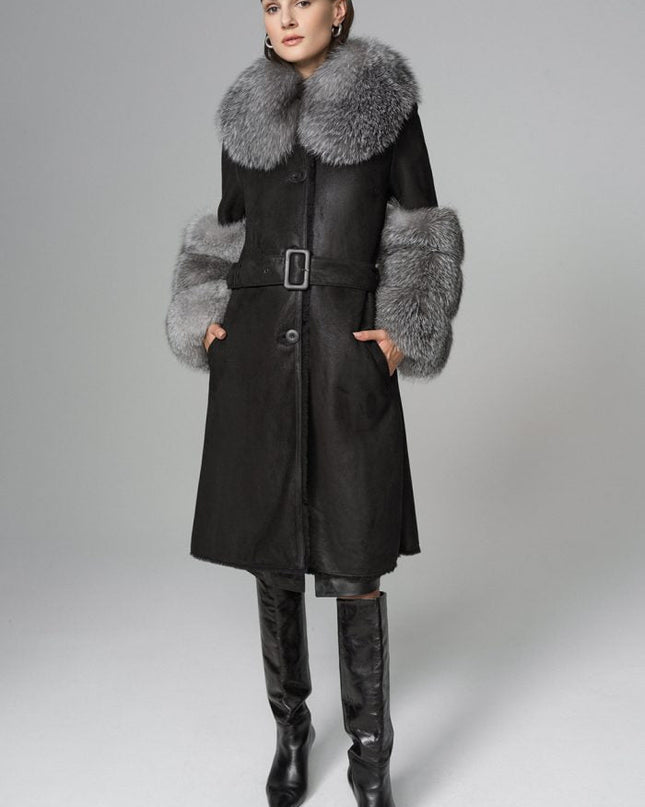 Black Genuine Maxi Lambskin Overcoat with Arctic Silver Fox Fur Collar and Cuffs - Leather Coats - Buy Me Fur Ltd