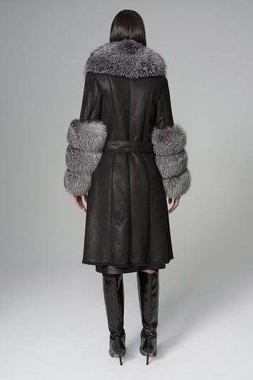 Black Genuine Maxi Lambskin Overcoat with Arctic Silver Fox Fur Collar and Cuffs - Leather Coats - Buy Me Fur Ltd