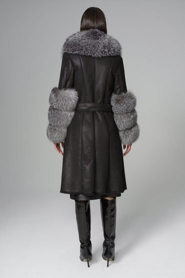 Black Genuine Maxi Lambskin Overcoat with Arctic Silver Fox Fur Collar and Cuffs - Leather Coats - Buy Me Fur Ltd