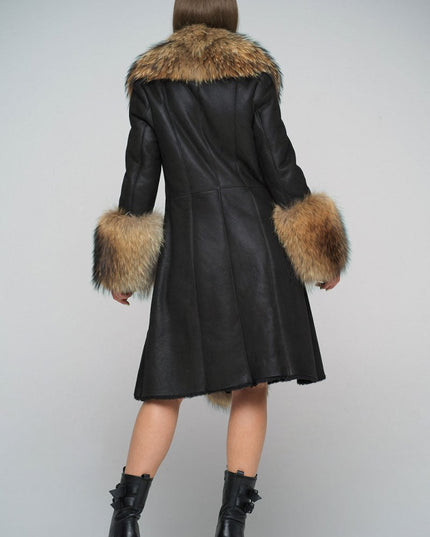Black Genuine Maxi Sheepskin Overcoat with Arctic Raccoon Fur Detailing - Leather Coats - Buy Me Fur Ltd