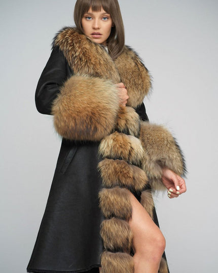 Black Genuine Maxi Sheepskin Overcoat with Arctic Raccoon Fur Detailing - Leather Coats - Buy Me Fur Ltd