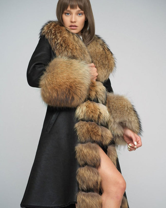 Black Genuine Maxi Sheepskin Overcoat with Arctic Raccoon Fur Detailing - Leather Coats - Buy Me Fur Ltd