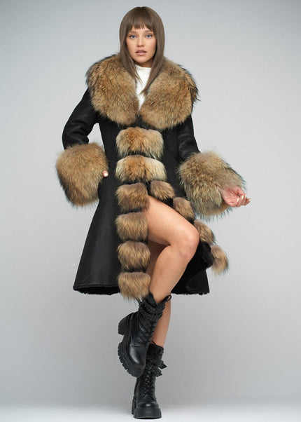 Black Genuine Maxi Sheepskin Overcoat with Arctic Raccoon Fur Detailing - Leather Coats - Buy Me Fur Ltd