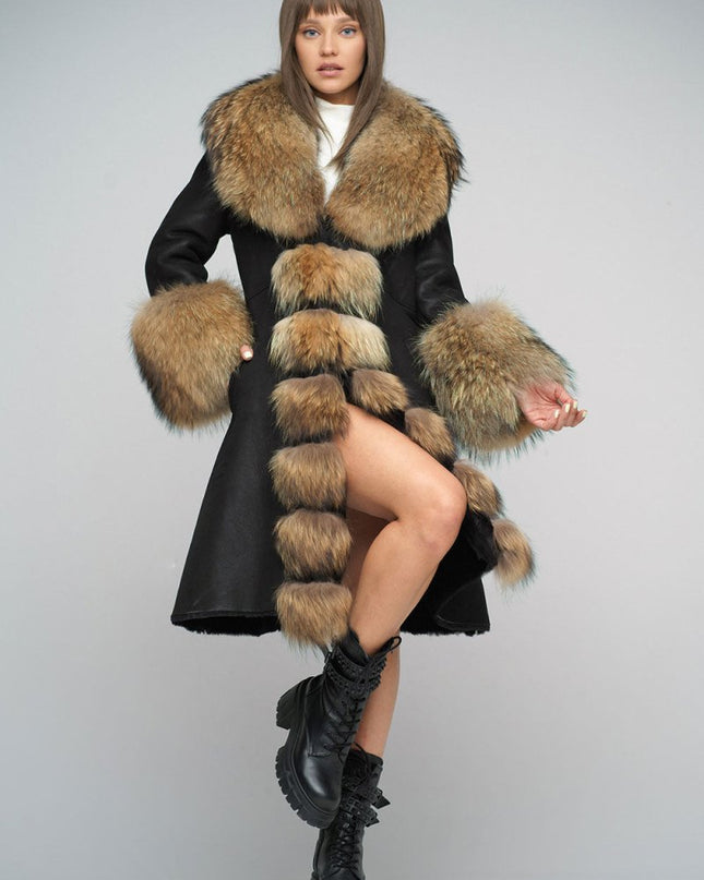 Black Genuine Maxi Sheepskin Overcoat with Arctic Raccoon Fur Detailing - Leather Coats - Buy Me Fur Ltd