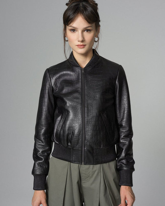 Black Leather Jacket with Crocodile Skin Print - Leather Jackets - Buy Me Fur Ltd