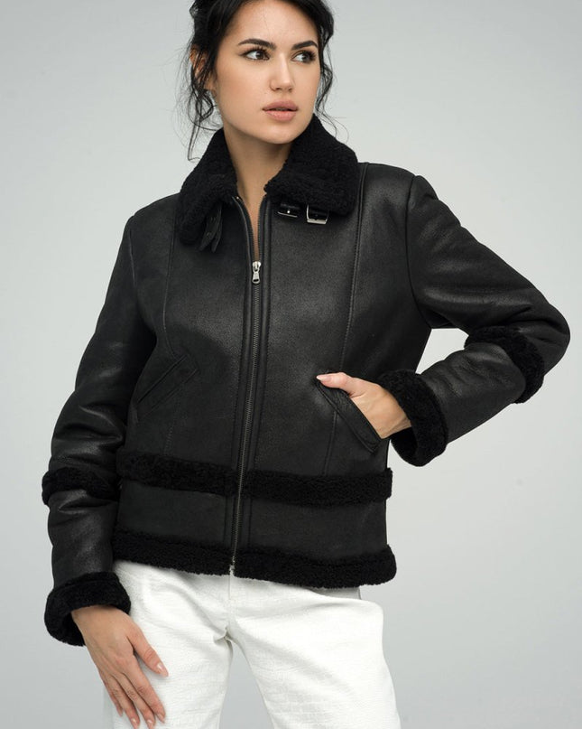 Black Merino Shearling Leather Jacket - Leather Jackets - Buy Me Fur Ltd