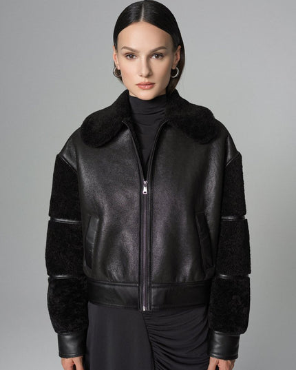 Black Oversized Shearling Leather Jacket - Leather Jackets - Buy Me Fur Ltd