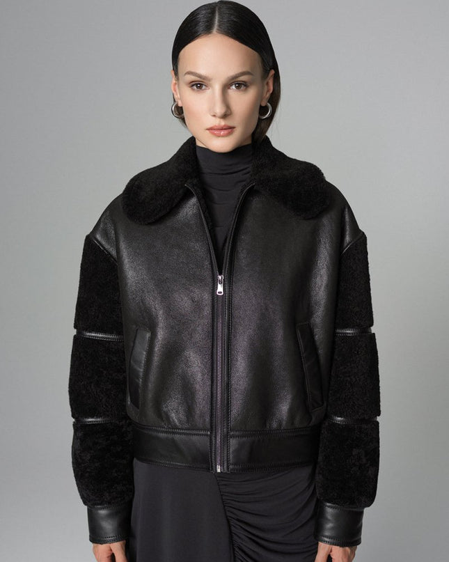 Black Oversized Shearling Leather Jacket - Leather Jackets - Buy Me Fur Ltd