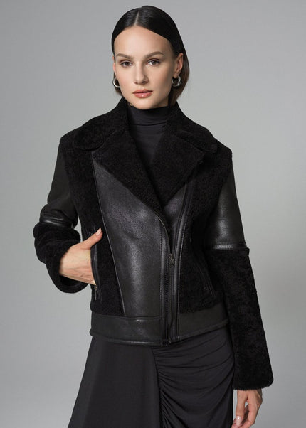 Black Shearling Leather Jacket - Winter Fashion Must - Have - Leather Jackets - Buy Me Fur Ltd