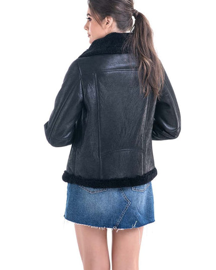 Black Shearling Leather Jacket with Merino Fur Detailing - Leather Jackets - Buy Me Fur Ltd