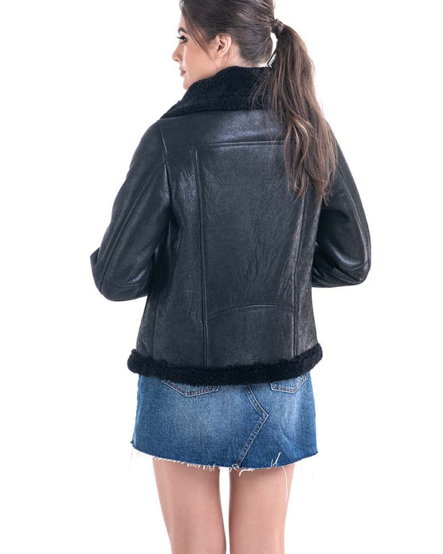 Black Shearling Leather Jacket with Merino Fur Detailing - Leather Jackets - Buy Me Fur Ltd