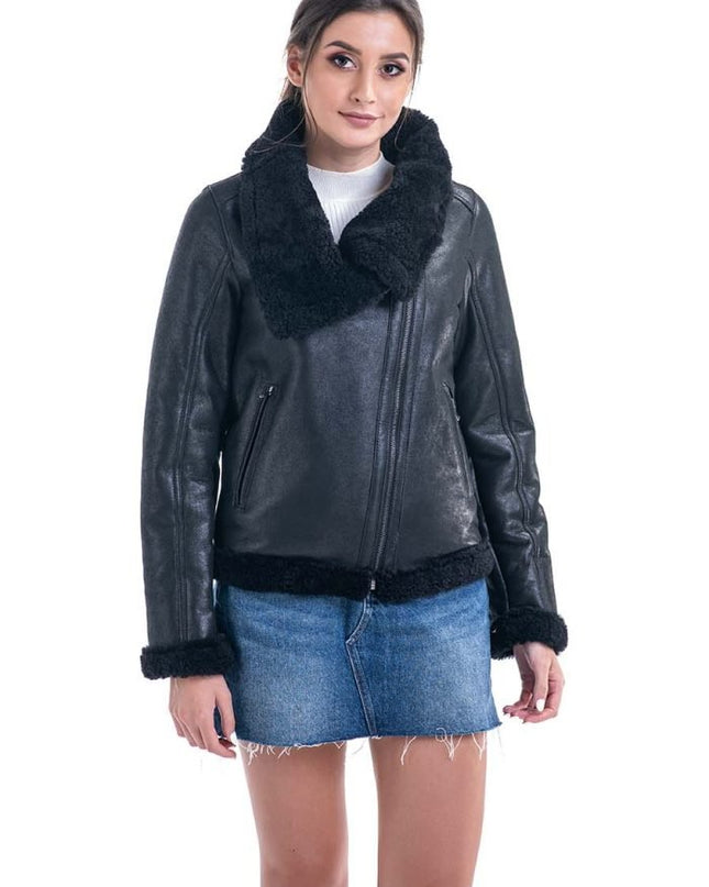 Black Shearling Leather Jacket with Merino Fur Detailing - Leather Jackets - Buy Me Fur Ltd