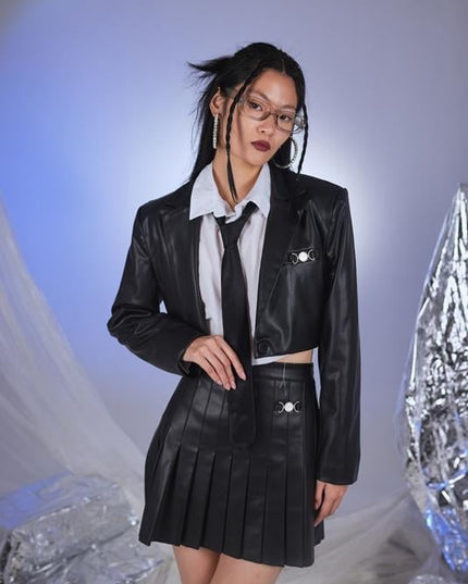 Black Vegan Leather College Style Cropped Jacket - Jackets & Blazers - Buy Me Fur Ltd