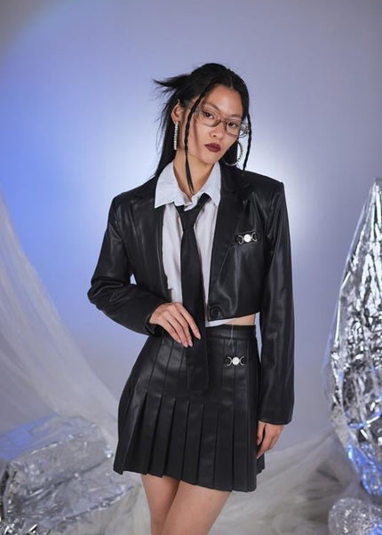 Black Vegan Leather College Style Cropped Jacket - Jackets & Blazers - Buy Me Fur Ltd