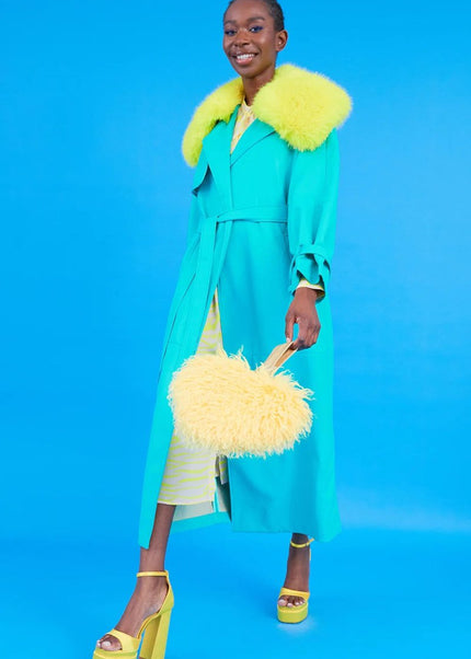 Blue Eco Leather Faux Fur Collar Trench Coat - Faux Leather Coats - Buy Me Fur Ltd