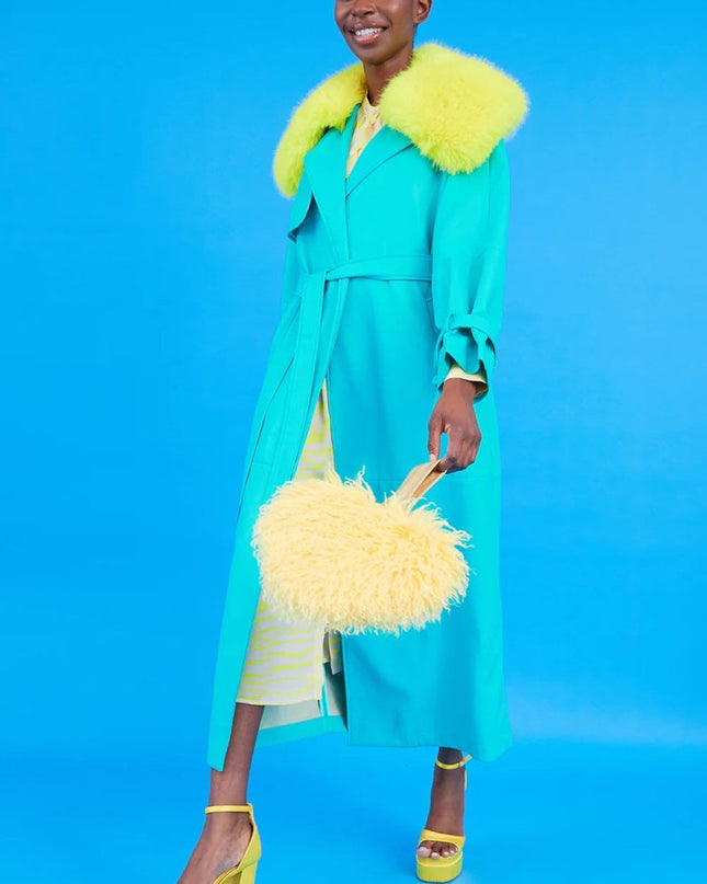 Blue Eco Leather Faux Fur Collar Trench Coat - Faux Leather Coats - Buy Me Fur Ltd