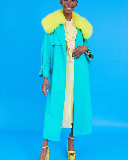 Blue Eco Leather Faux Fur Collar Trench Coat - Faux Leather Coats - Buy Me Fur Ltd