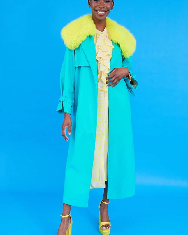 Blue Eco Leather Faux Fur Collar Trench Coat - Faux Leather Coats - Buy Me Fur Ltd