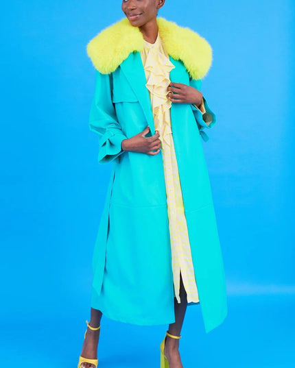 Blue Eco Leather Faux Fur Collar Trench Coat - Faux Leather Coats - Buy Me Fur Ltd