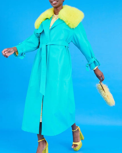 Blue Eco Leather Faux Fur Collar Trench Coat - Faux Leather Coats - Buy Me Fur Ltd