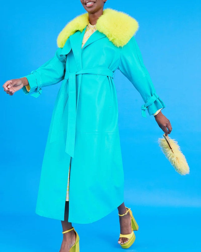 Blue Eco Leather Faux Fur Collar Trench Coat - Faux Leather Coats - Buy Me Fur Ltd