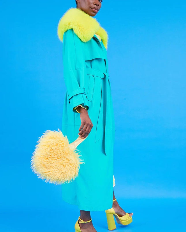 Blue Eco Leather Faux Fur Collar Trench Coat - Faux Leather Coats - Buy Me Fur Ltd