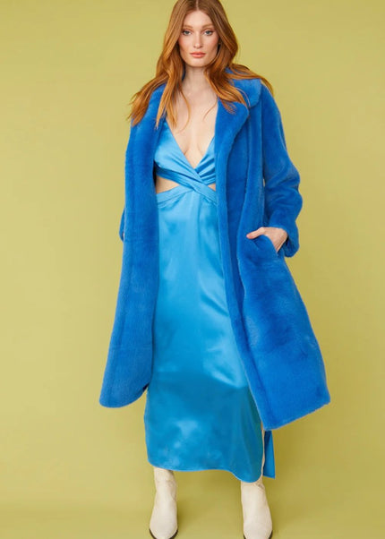 Blue Faux Fur Midi Winter Coat - Stylish Fashion Outerwear - Faux Fur Coats - Buy Me Fur Ltd