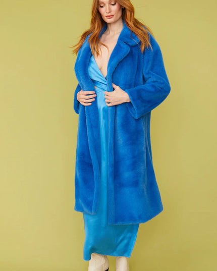 Blue Faux Fur Midi Winter Coat - Stylish Fashion Outerwear - Faux Fur Coats - Buy Me Fur Ltd