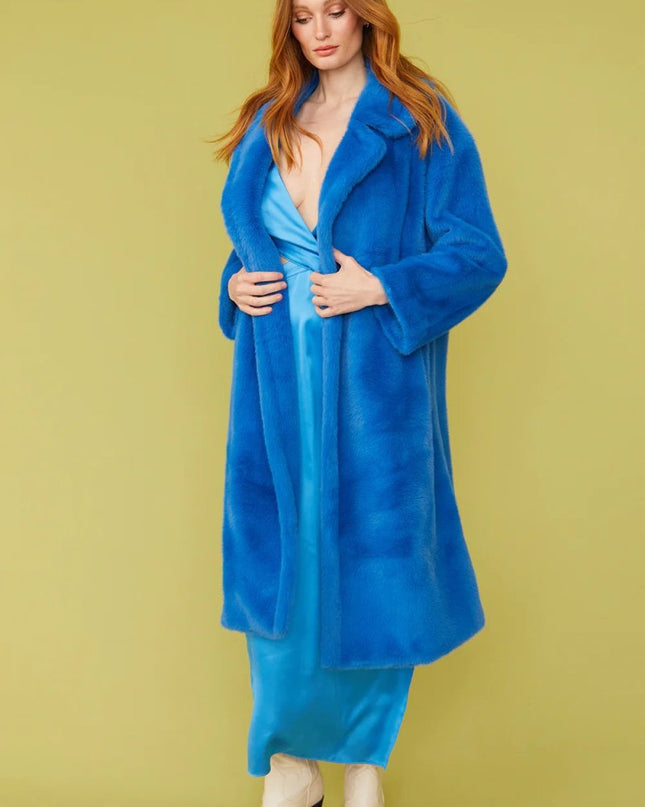 Blue Faux Fur Midi Winter Coat - Stylish Fashion Outerwear - Faux Fur Coats - Buy Me Fur Ltd