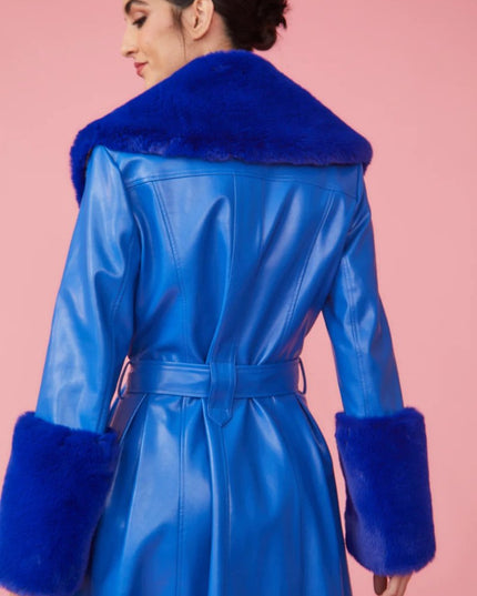 Blue Faux Leather Trench Coat with Faux Fur Collar - Chic & Cozy - Faux Leather Coats - Buy Me Fur Ltd