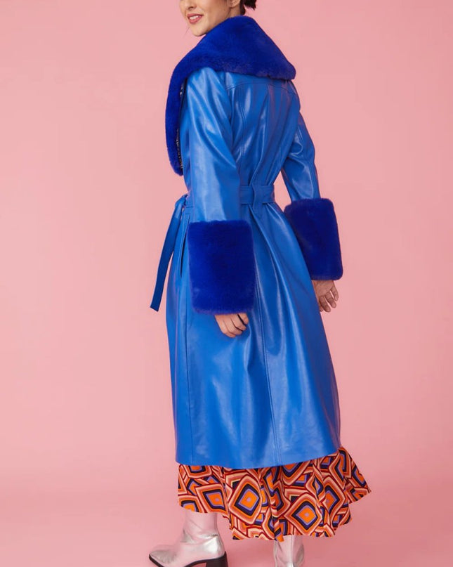 Blue Faux Leather Trench Coat with Faux Fur Collar - Chic & Cozy - Faux Leather Coats - Buy Me Fur Ltd