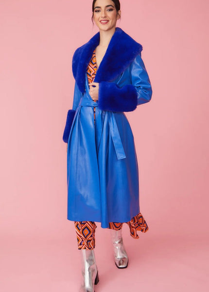 Blue Faux Leather Trench Coat with Faux Fur Collar - Chic & Cozy - Faux Leather Coats - Buy Me Fur Ltd