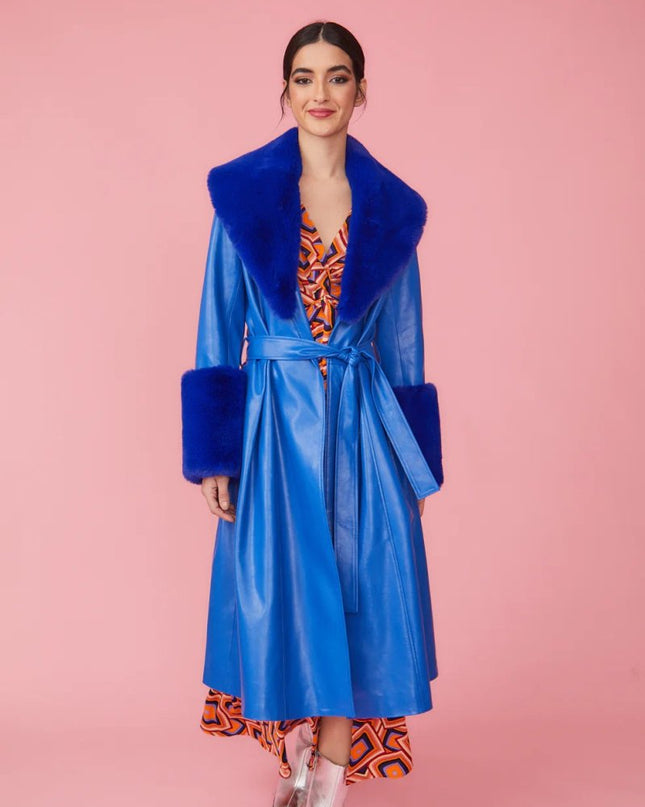 Blue Faux Leather Trench Coat with Faux Fur Collar - Chic & Cozy - Faux Leather Coats - Buy Me Fur Ltd