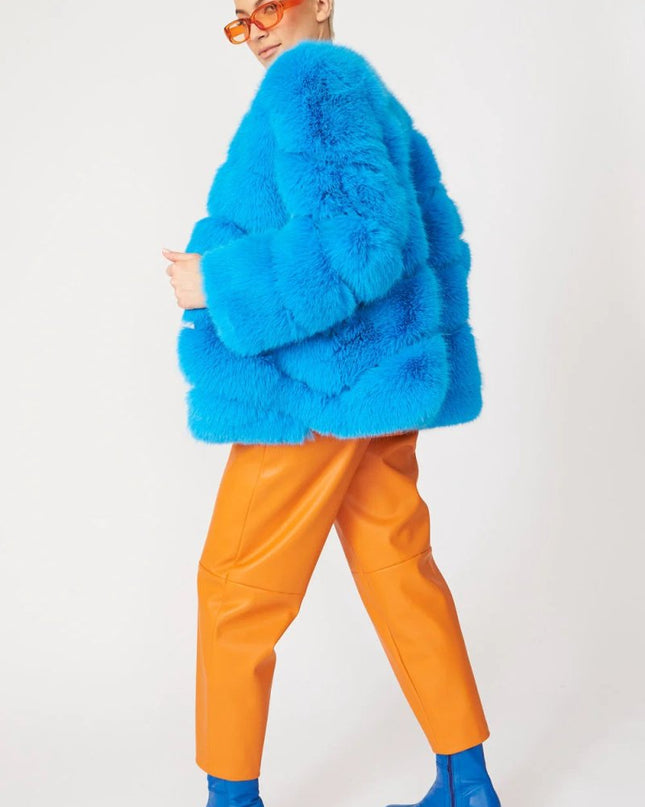 Blue Striped Faux Fur Coat - Winter Fashion Essential - Faux Fur Coats - Buy Me Fur Ltd