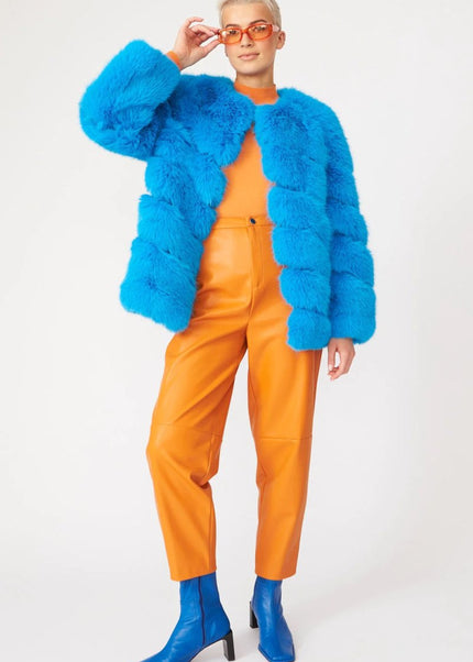 Blue Striped Faux Fur Coat - Winter Fashion Essential - Faux Fur Coats - Buy Me Fur Ltd
