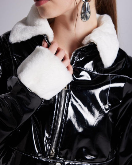 Bria Black Faux Patent Leather Crop Jacket with Faux Fur Collar and Cuffs - Jackets & Blazers - Buy Me Fur Ltd