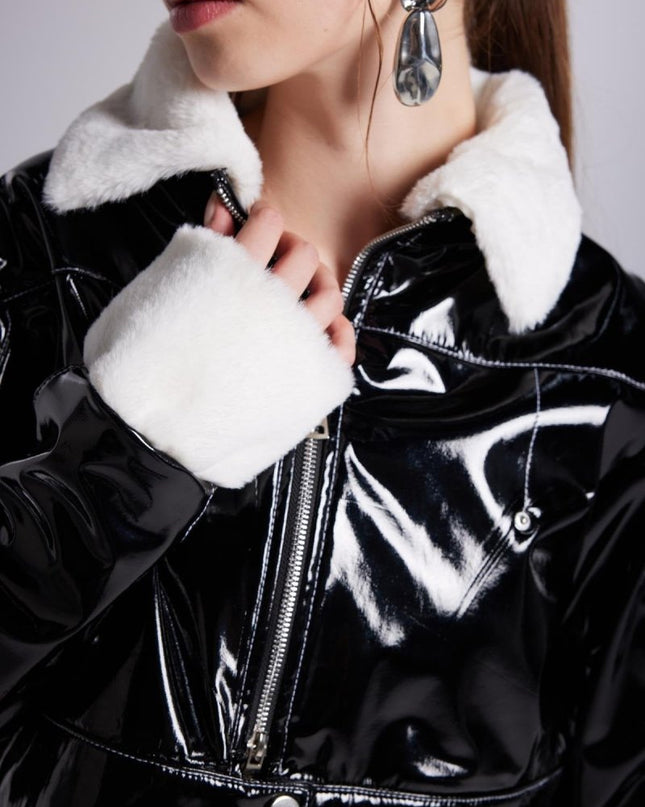 Bria Black Faux Patent Leather Crop Jacket with Faux Fur Collar and Cuffs - Jackets & Blazers - Buy Me Fur Ltd