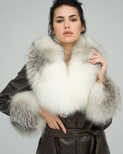 Brown Genuine Maxi Lambskin Overcoat with Arctic Fox Fur Collar and Cuffs - Leather Coats - Buy Me Fur Ltd