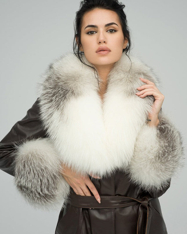 Brown Genuine Maxi Lambskin Overcoat with Arctic Fox Fur Collar and Cuffs - Leather Coats - Buy Me Fur Ltd